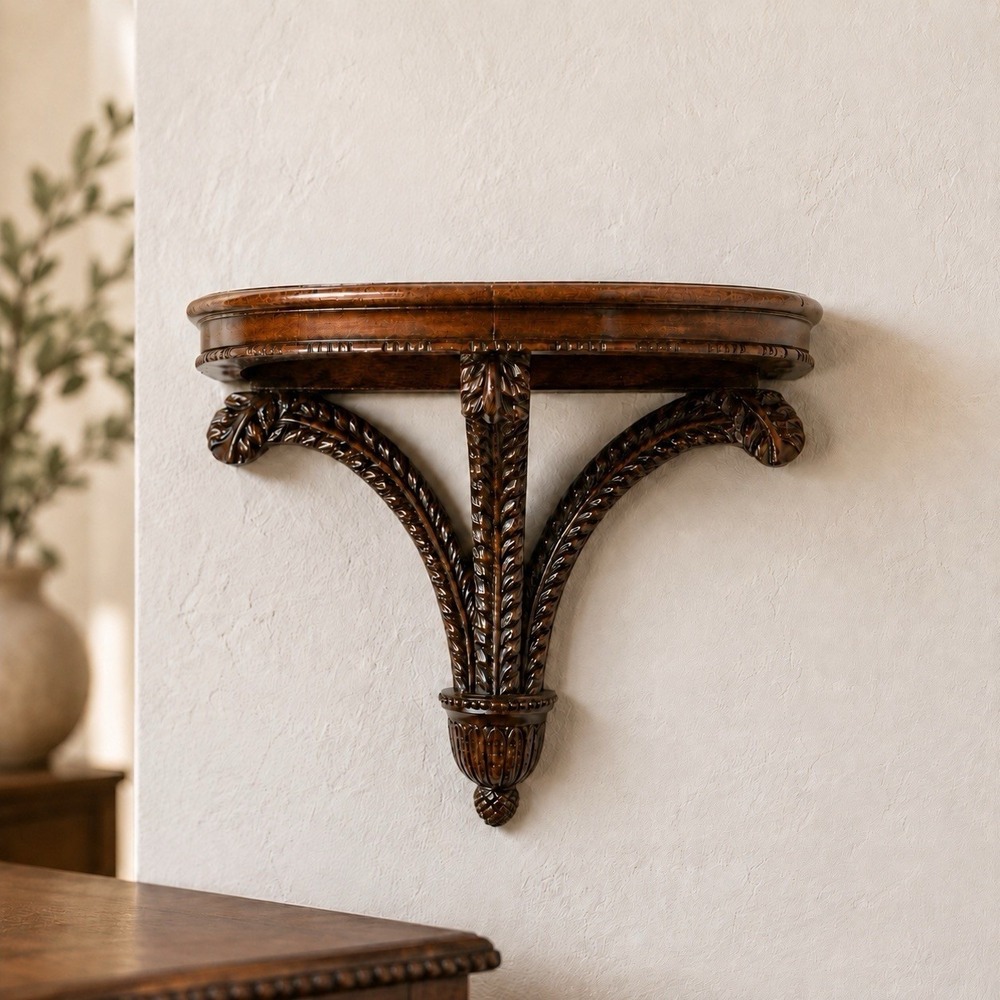 Vintage Carved Wood Demilune Wall Shelf Corbel Bracket Plant Stand Mahogany
